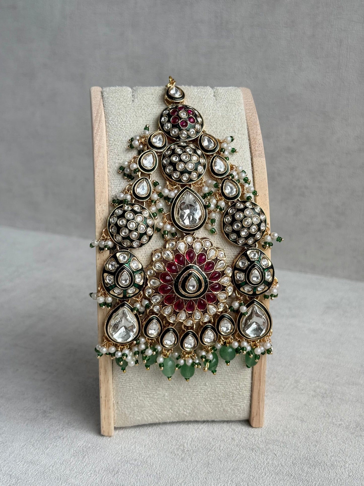 Ayura Designs Zoha Jhoomar Passa – Polki Kundan with Ruby Pink Floral Centre, Emerald Green Drops & Pearl Detailing