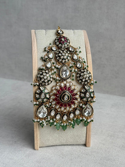 Ayura Designs Zoha Jhoomar Passa – Polki Kundan with Ruby Pink Floral Centre, Emerald Green Drops & Pearl Detailing