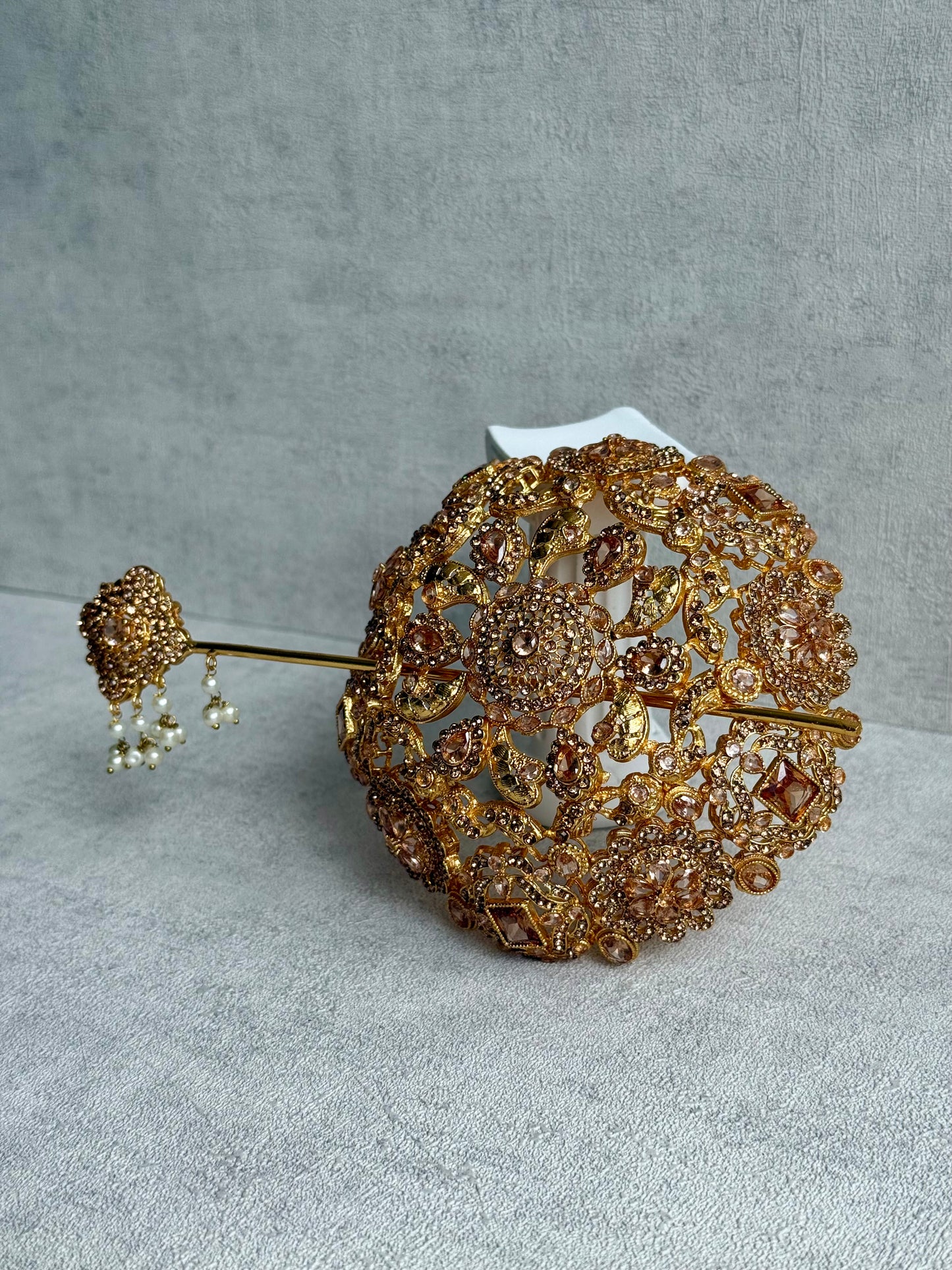 Ayura Designs Lotus Hair Bun Cover – Antique Gold with Champagne Stones & Floral Detailing