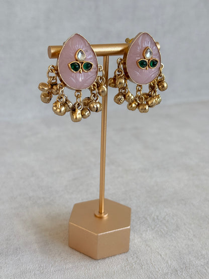 Ayura Designs Aykai Earrings – Baby Pink Carved Teardrop Stud Earrings with Clear Kundan Stones and Gold Ghungroo Drops