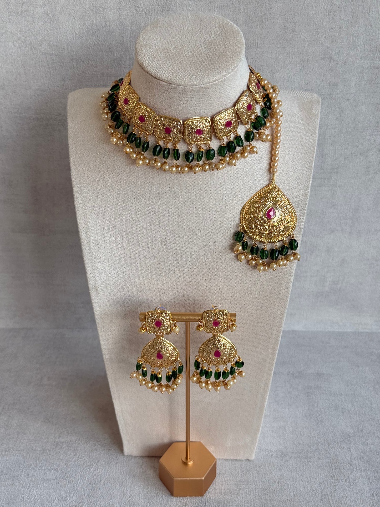 Ayura Designs Chetna Choker Set with Earrings & Tikka – Emerald Green Beads, Cream Pearl Drops with Pipal Patti Detailing