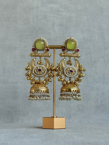 Ayura Designs Mahwish Jhumkis – Lime Yellow Stones, Pearls & Ghungroo Detailing