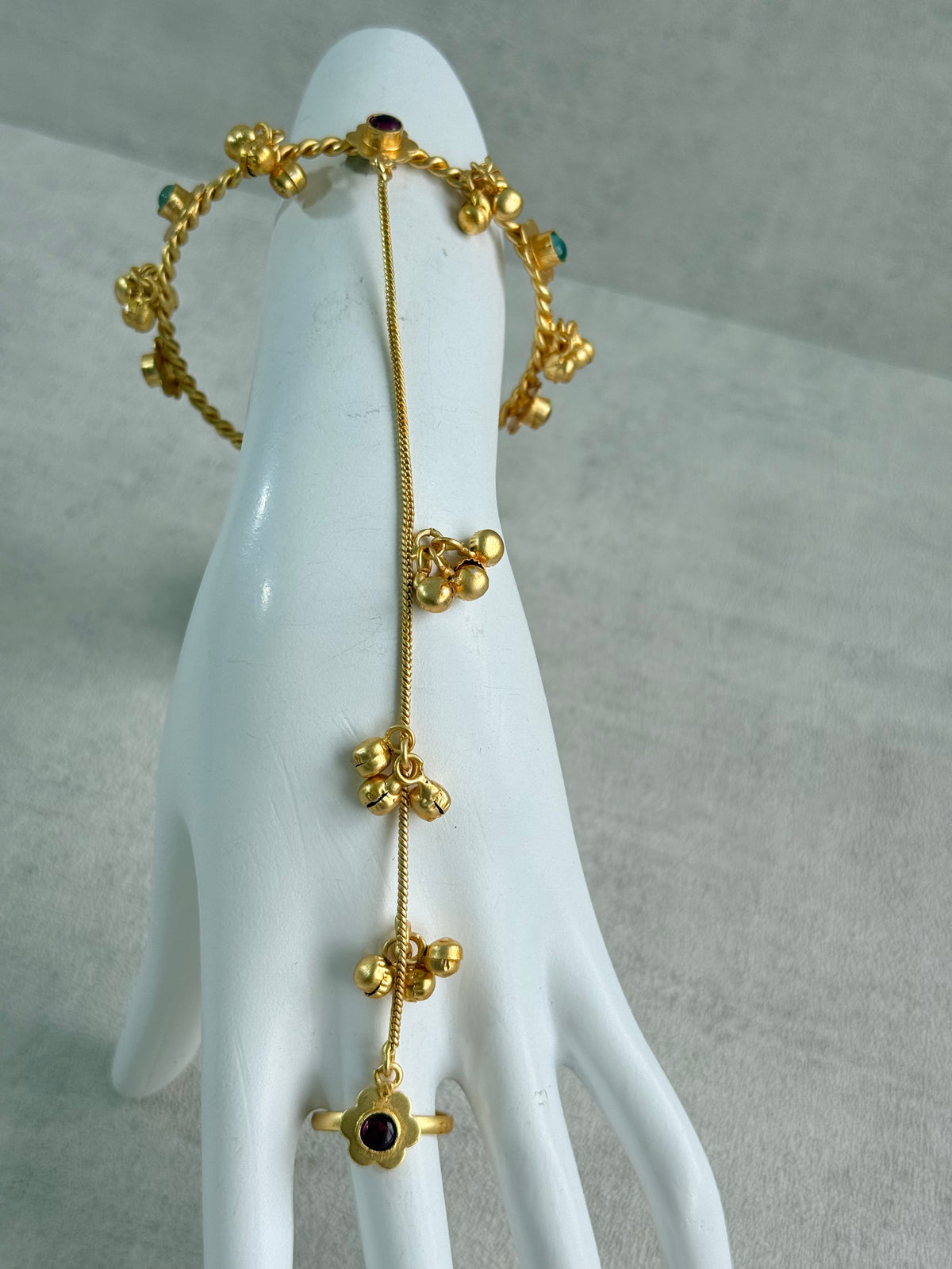 Ayura Designs Kajri Haathphool Set of 2 – Gold Tone Floral Hand Harness with Multicolour Stones & Ghungroo Detailing