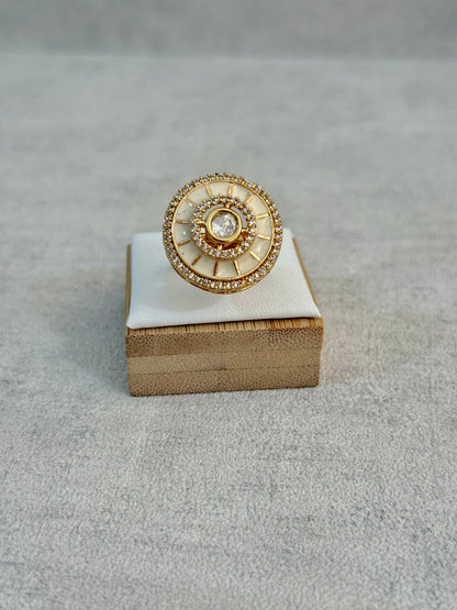 Ayura Designs Maisie Adjustable Ring – Ivory Enamel with Crystal Border & Moissanite Centre