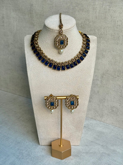 Ayura Designs Dania Set with Necklace, Stud Earrings & Tikka – Midnight Blue Stones, Pearl Drops & Antique Gold Finish