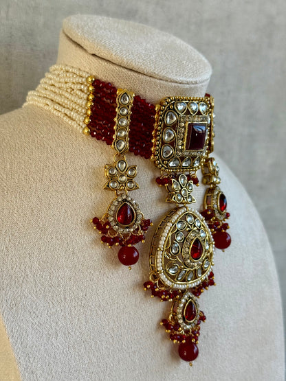 Ayura Designs Zarmeen Choker Set with Earrings & Tikka – Mirror-Cut Stones, Antique Gold Finish and Ruby Red Beads