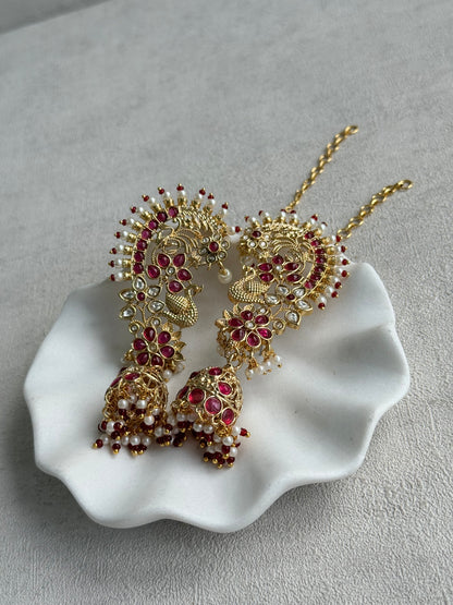 Ayura Designs Nitya Kaanphool Jhumkis – Gold Peacock Motifs, Pink Kundan & Pearl Drops with Attached Sahare