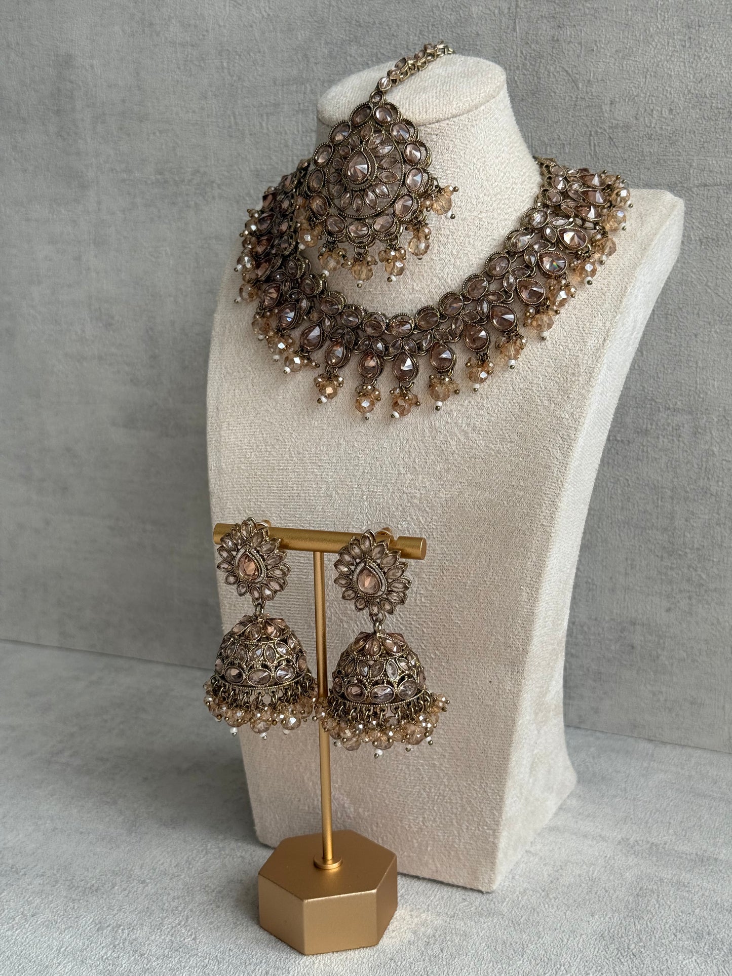 Ayura Designs Emaan Set with Jhumkis & Tikka – Champagne Stones, Antique Gold Finish & Crystal Detailing