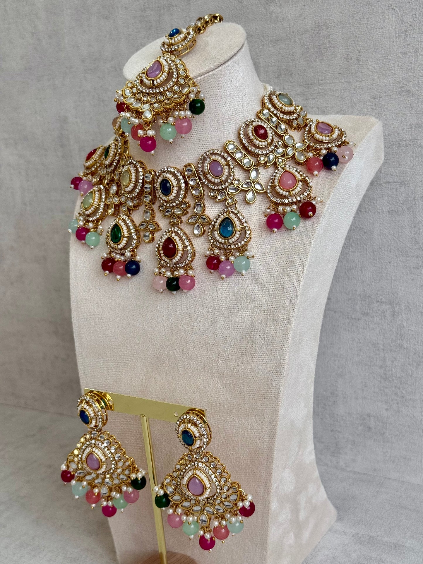 Ayura Designs Janvi Set with Necklace, Earrings & Tikka – Kundan Detailing, Multicolour Beads & Pearl Drops