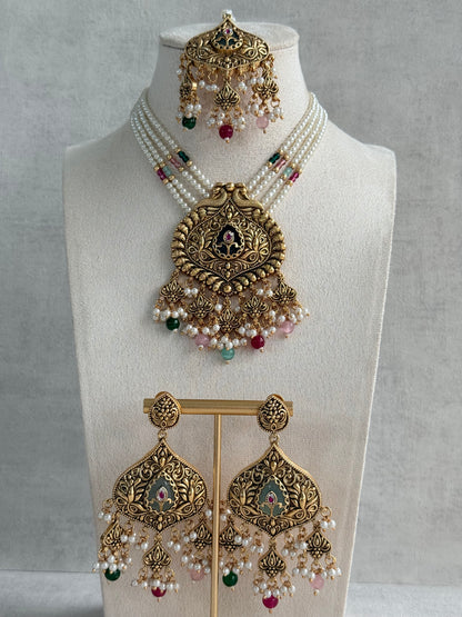 Ayura Designs Afia Necklace Set with Earrings & Tikka – Antique Gold, Multicolour Beads, Green Centre Stone & Peacock Motifs