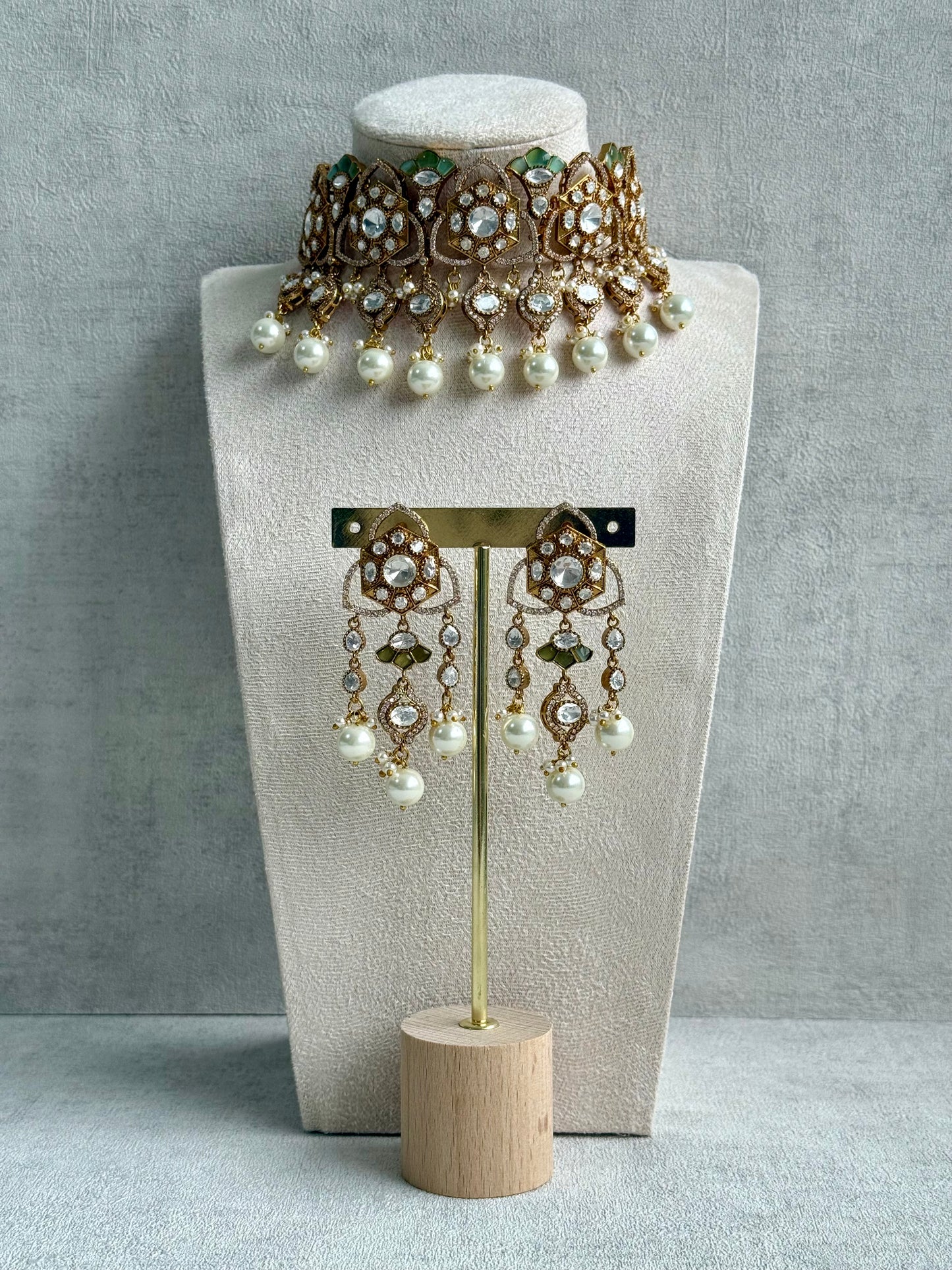 Ayura Designs Serina Choker Set with Earrings – Mint & Pistachio Enamel, Mirror-Cut Stones & Pearl Drops