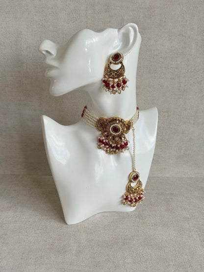 Ayura Designs Mehr Choker Set with Earrings & Tikka – Ruby Pink Stones, Ruby Pink Beads, Pearl Strands & Antique Gold Finish