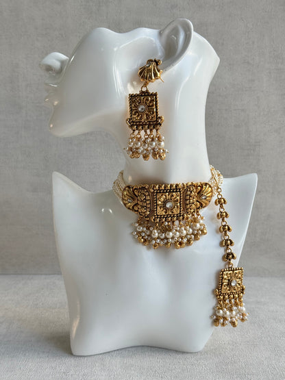Ayura Designs Nabila Choker Set with Earrings & Tikka – Antique Gold Finish, Sea Shell Detailing, Pearls & Ghungroos