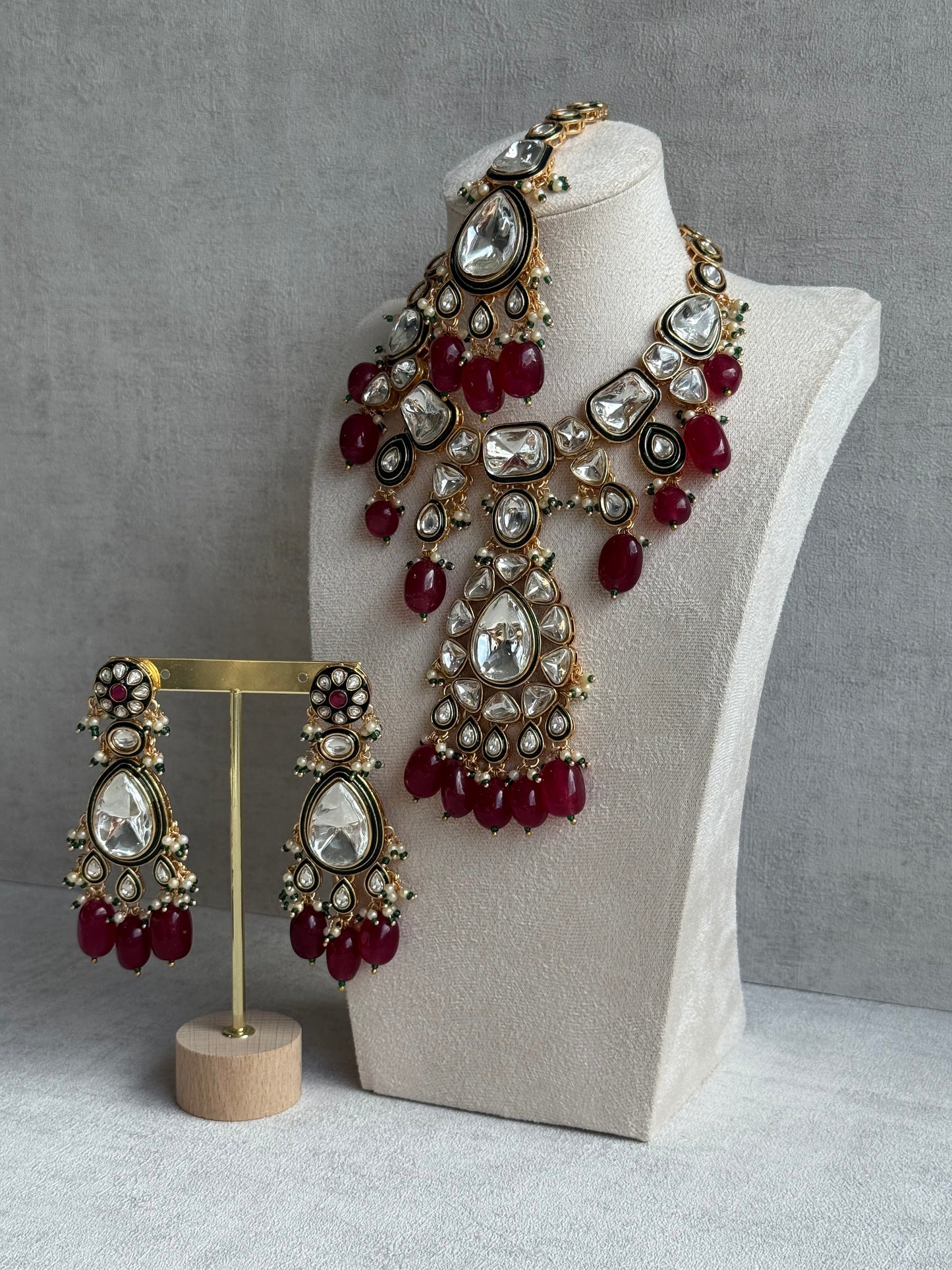 Ayura Designs Serhat Set – Necklace, Earrings & Tikka with Ruby Red Beads, Green Meenakari, Mirror-Cut Polki Stones & Gold Finish