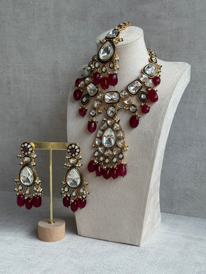 Ayura Designs Serhat Set – Necklace, Earrings & Tikka with Ruby Red Beads, Green Meenakari, Mirror-Cut Polki Stones & Gold Finish