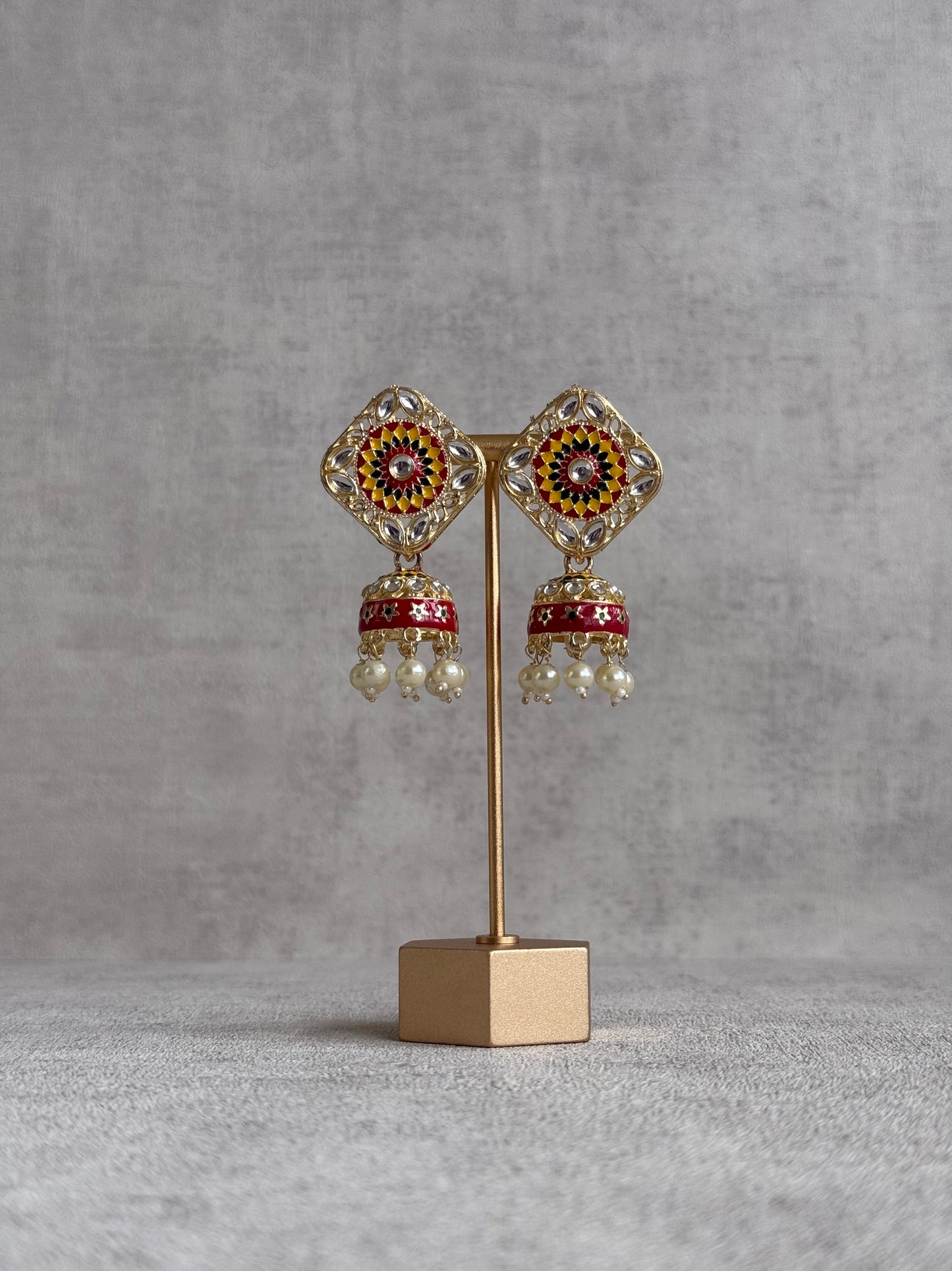 Ayura Designs Rangoli Jhumkis – Marigold Yellow, Deep Red & Forest Green Meenakari with Pearl Drops in Antique Gold Finish