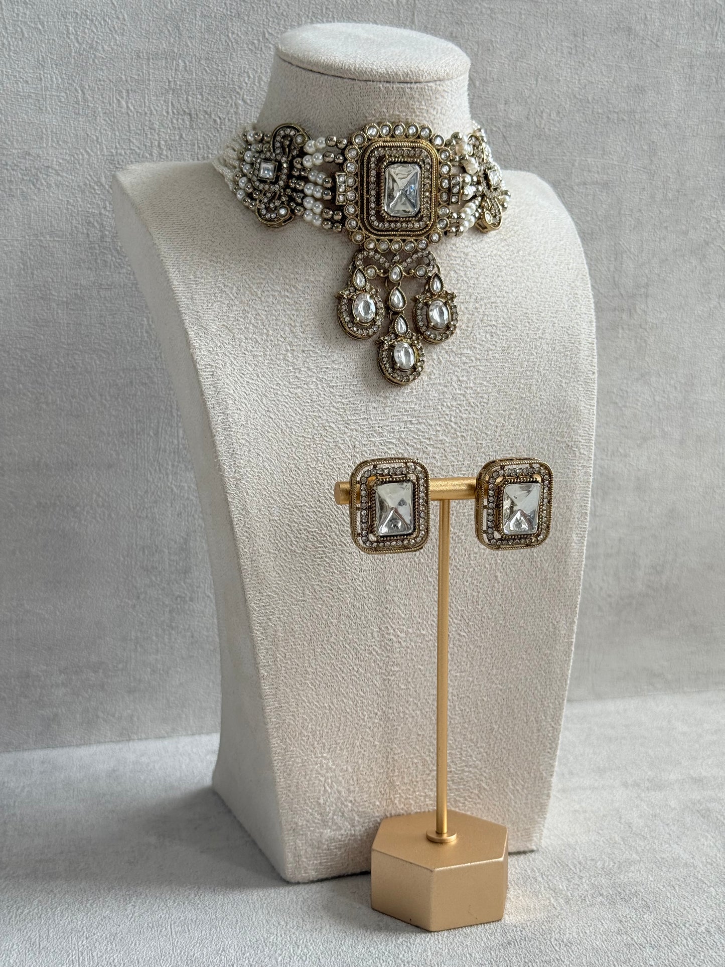 Ayura Designs Nabiha Choker Set with Studs – Ivory Pearl, Crystal Detailing & Gold Finish