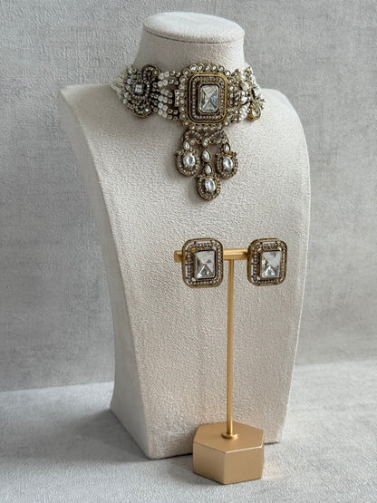 Ayura Designs Nabiha Choker Set with Studs – Ivory Pearl, Crystal Detailing & Gold Finish