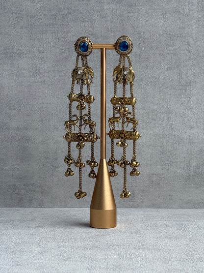 Ayura Designs Sonal Earrings – Antique Gold Dangler Earrings with Elephant & Deer Motifs, Blue Stone Tops & Ghungroo Detailing