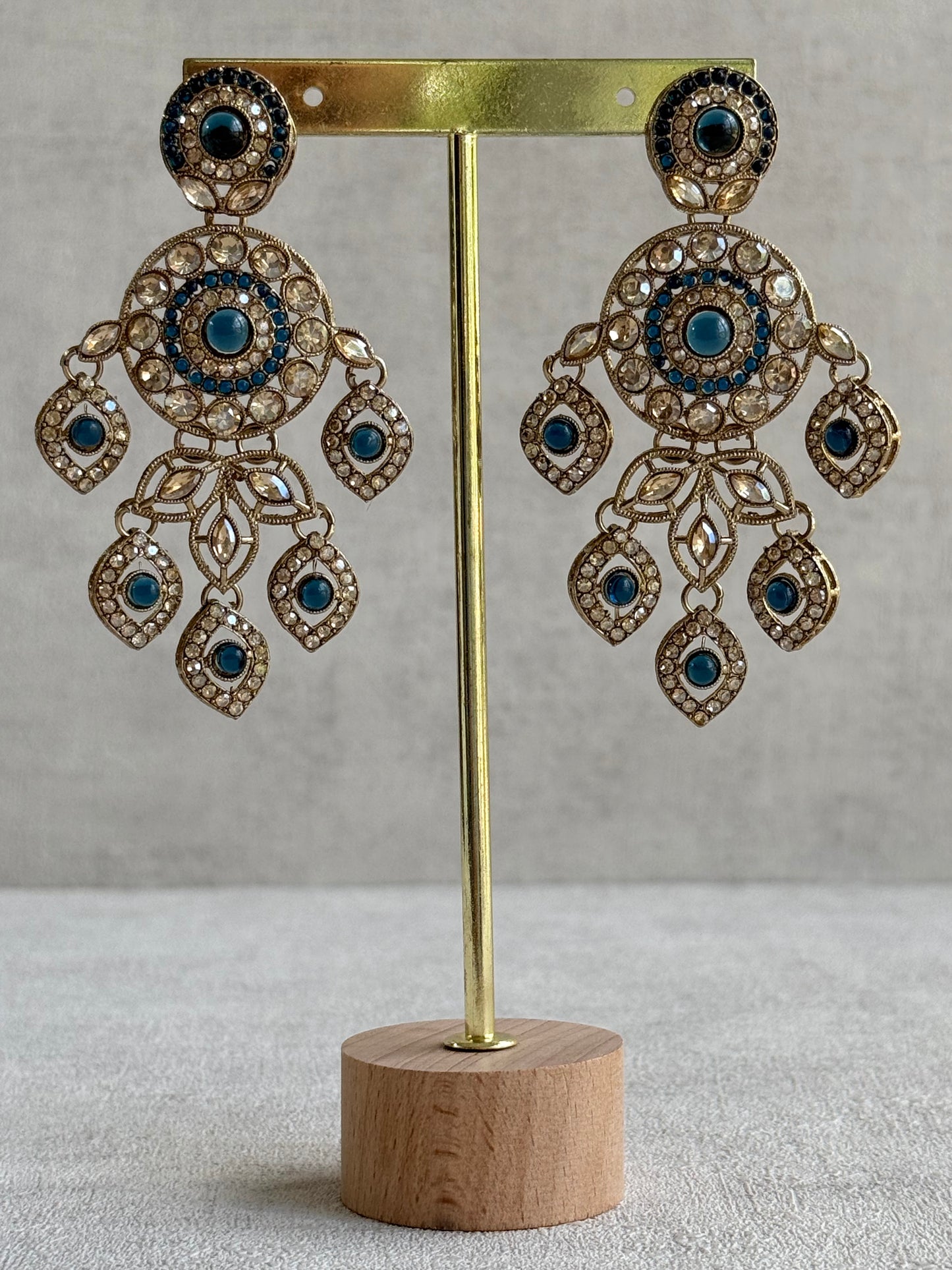 Ayura Designs Vanika Earrings – Sapphire Blue & Champagne Crystal Gold Finish