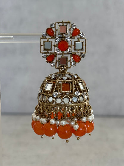 Ayura Designs Heer Tikka Set with Jhumkis – Carnelian Orange, Mirror & Polki Stonework