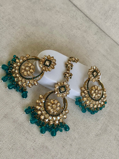 Ayura Designs Feroza Tikka & Earrings Set – Gold-Plated with Handcrafted Kundan Work, Teal Bead Droplets & Intricate Floral Motifs