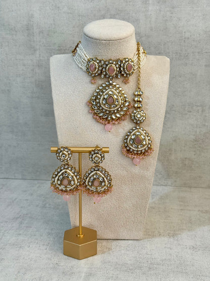 Ayura Designs Tehreem Set with Necklace, Earrings & Tikka – Mirror-Cut Stones, Blush Pink Beads & Antique Gold Finish