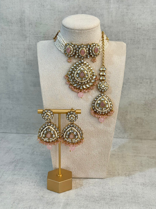 Ayura Designs Tehreem Set with Necklace, Earrings & Tikka – Mirror-Cut Stones, Blush Pink Beads & Antique Gold Finish