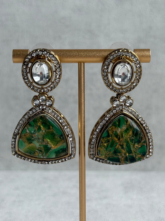 Ayura Designs Florence Earrings – mirror cut studs with Emerald Green Marble Resin & Crystal Borders