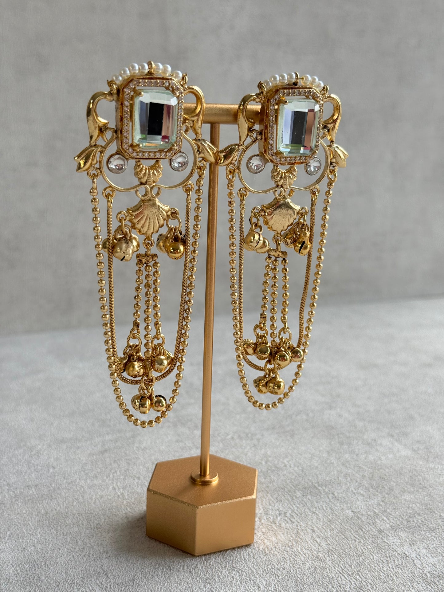 Ayura Designs Jaid Earrings – Crystal Floral Motif with Layered Chains & Ghungroos