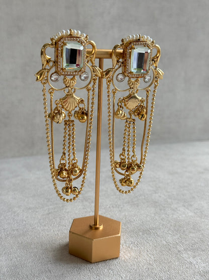 Ayura Designs Jaid Earrings – Crystal Floral Motif with Layered Chains & Ghungroos