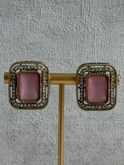 Ayura Designs Nabiha Choker Set with Studs – Blush Pink & Multicolour Stones, Pearl Detailing & Antique Gold Finish