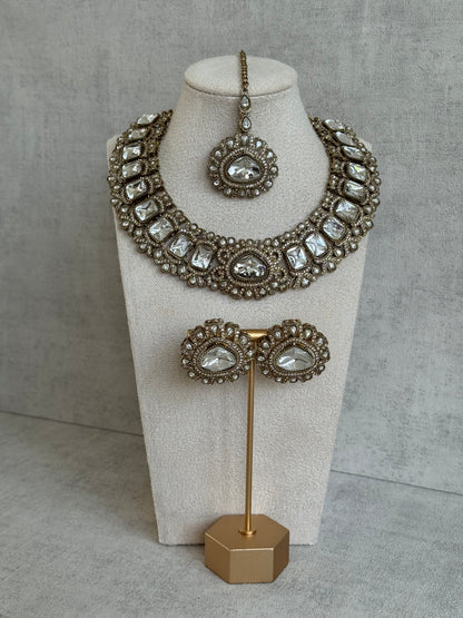 Ayura Designs Riva Set with Necklace, Studs & Tikka – All-Mirror Stones in Antique Gold
