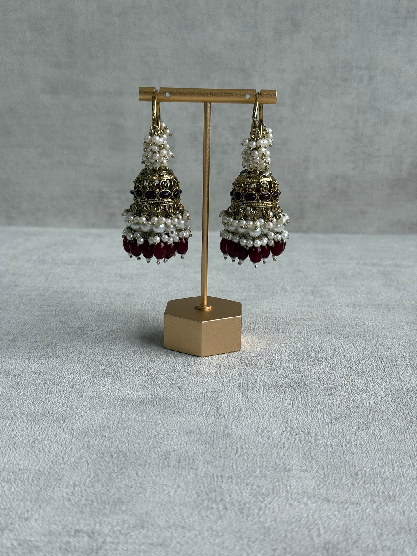 Ayura Designs Jugni Jhumkis – Antique Gold Balis with Maroon Beads & Pearl Clusters