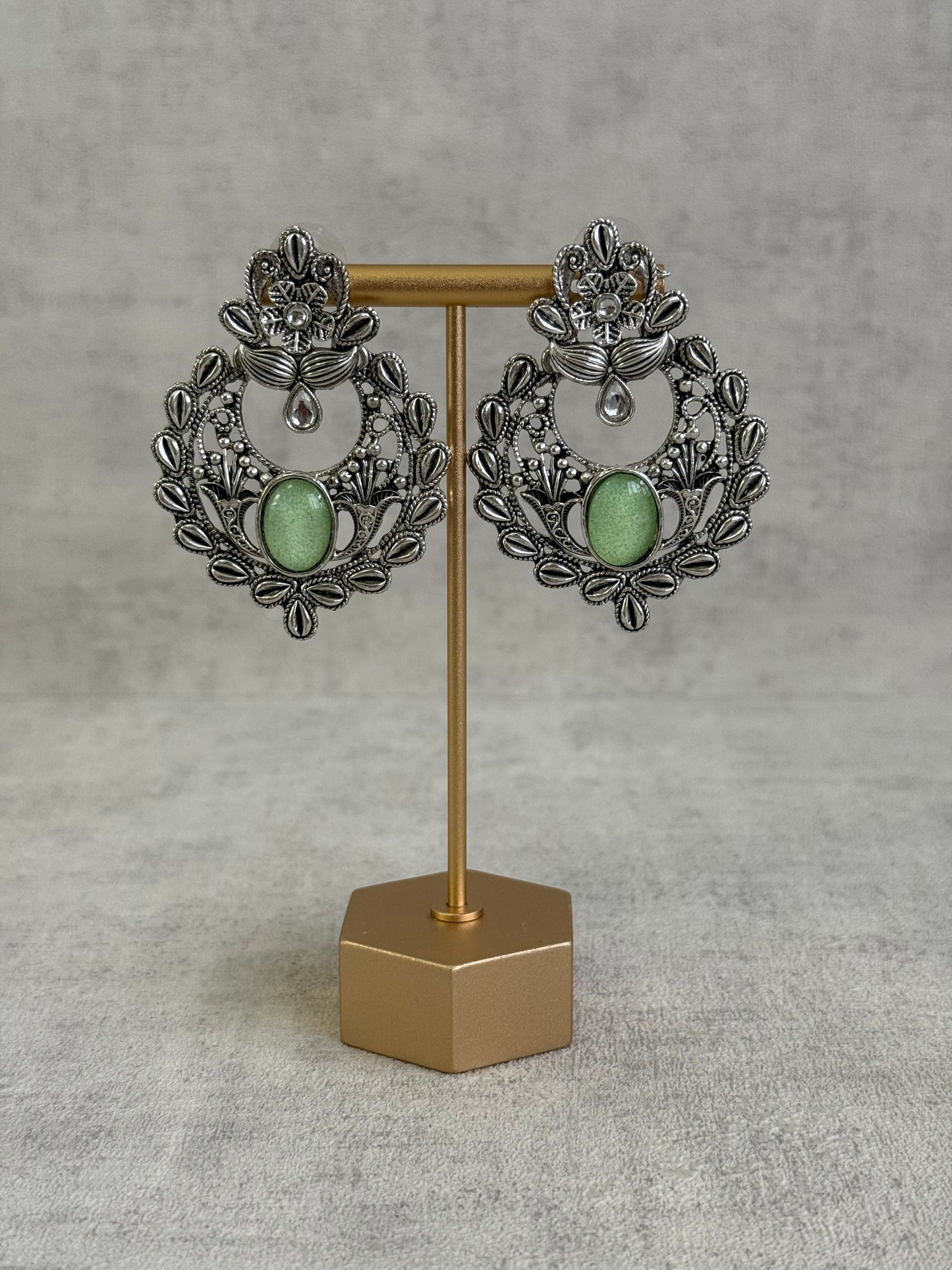 Ayura Designs Eila Earrings with Pistachio Green Stone in Antique Silver Finish