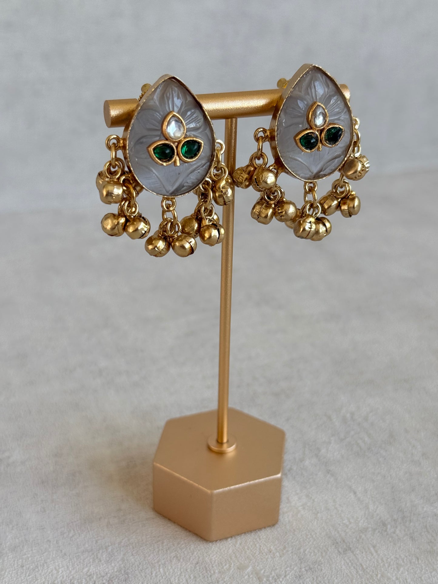 Ayura Designs Aykai Earrings – Grey Carved Teardrop Stud Earrings with Clear Kundan Stones and Gold Ghungroo Drops
