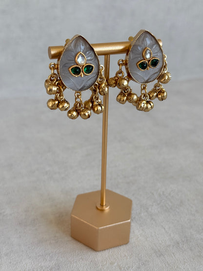 Ayura Designs Aykai Earrings – Grey Carved Teardrop Stud Earrings with Clear Kundan Stones and Gold Ghungroo Drops