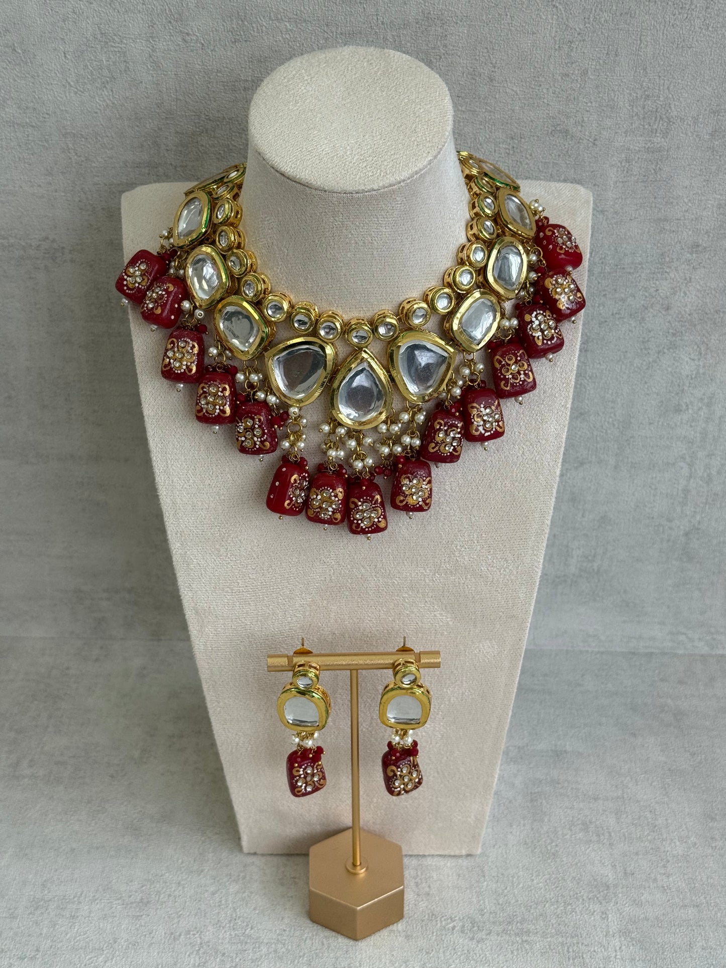 Ayura Designs Omika Set With Necklace And Earrings – Kundan Stones And Ruby Red Meenakari Drops