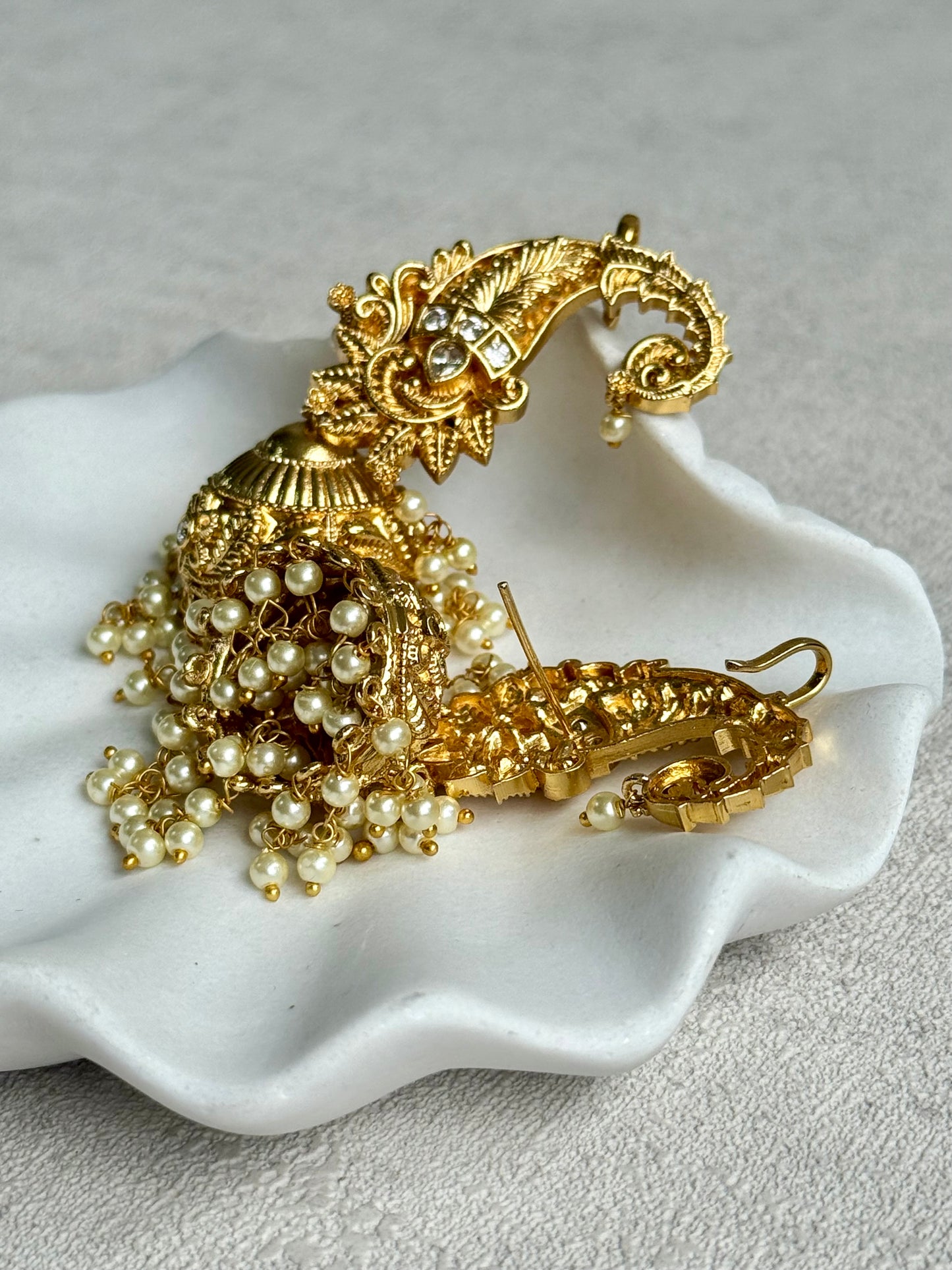 Ayura Designs Anika Jhumkis – Gold Half Ear Cuffs with Floral Motif, Kundan Crystals & Pearl Jhumka Drops