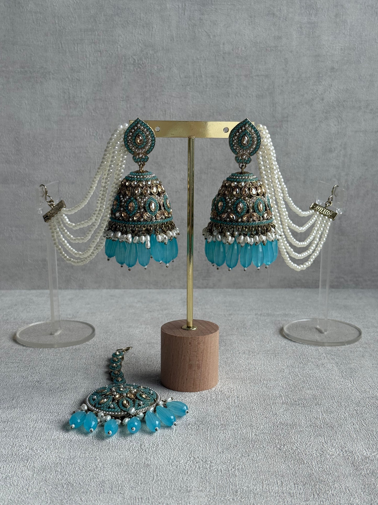 Ayura Designs Amrita Set – Jhumkis with Sahare & Tikka in Aqua Blue, Pearls and Antique Gold Finish
