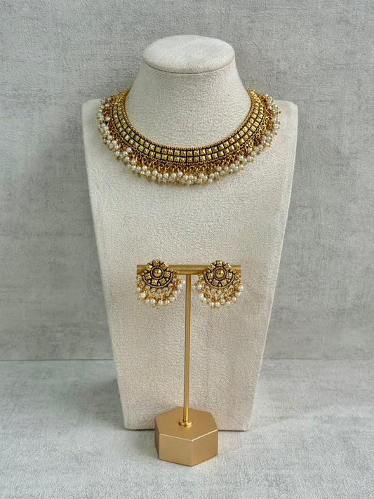 Ayura Designs Ranya Set – Antique Gold Necklace with Stud Earrings & Pearl Detailing