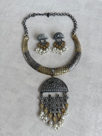 Ayura Designs Dhoop Necklace Set with Earrings – Dual Tone Oxidised Necklace with Lattice Pendant & Pearl Detailing