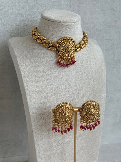 Ayura Designs Rania Choker Set with Studs – Antique Gold Floral Medallion Choker with Ruby Pink Bead Detailing