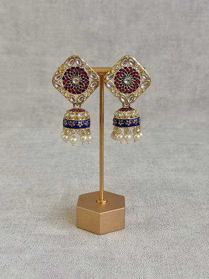 Ayura Designs Rangoli Jhumkis – Midnight Blue & Ruby Red Meenakari with Pearl Drops in Antique Gold Finish