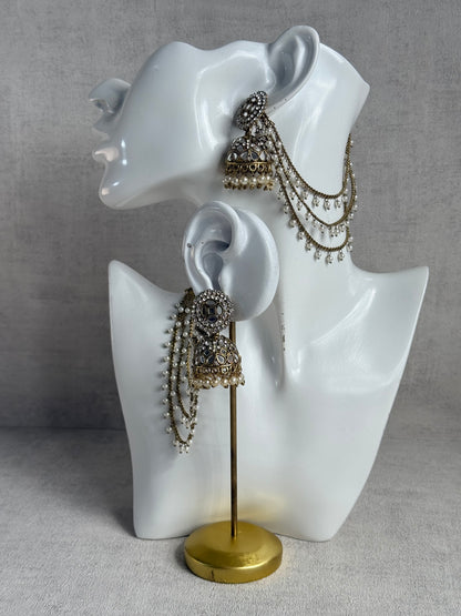 Ayura Designs Aaina Jhumkis – Antique Gold Mirror & Crystal Earrings with Detachable Triple-Layer Pearl Sahare