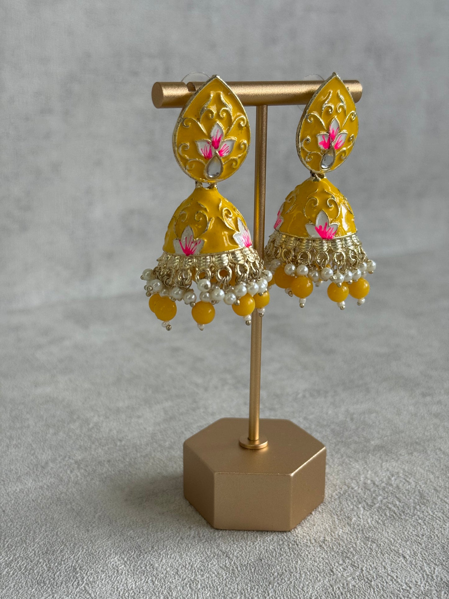 Ayura Designs Gia Jhumkis – Mustard Yellow Meenakari with Pink Lotus Motifs & Ivory Pearl Drops