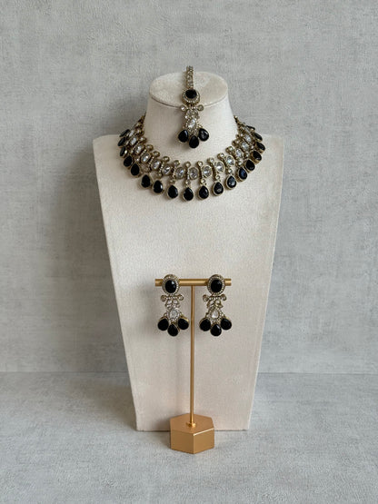 Ayura Designs Ava Necklace Set with Earrings & Tikka – Black Stone & Mirror-Cut Necklace Set in Antique Gold Finish
