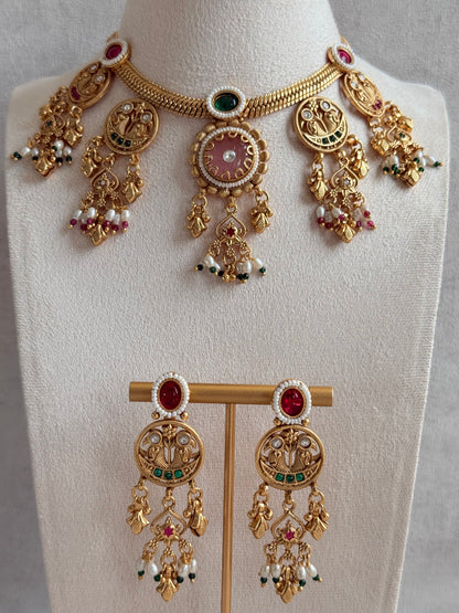 Ayura Designs Parchhai Necklace Set with Earrings – Rose Pink, Ruby Red & Emerald Green Stones, Bird Motifs & Pearl Detailing