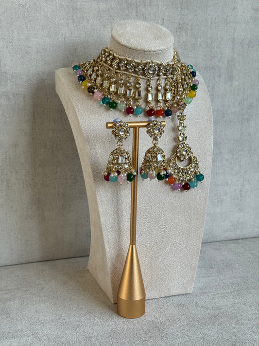 Ayura Designs Shaheen Set with Jhumkis & Tikka – Multicolour Beads, Mirror Kundan & Gold Finish