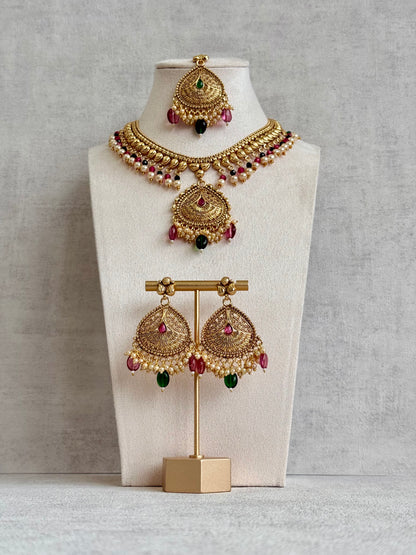 Ayura Designs Hamida Set with Necklace, Earrings & Tikka – Antique Gold with Ruby Pink and Emerald Green Beads & Pearl Detailing